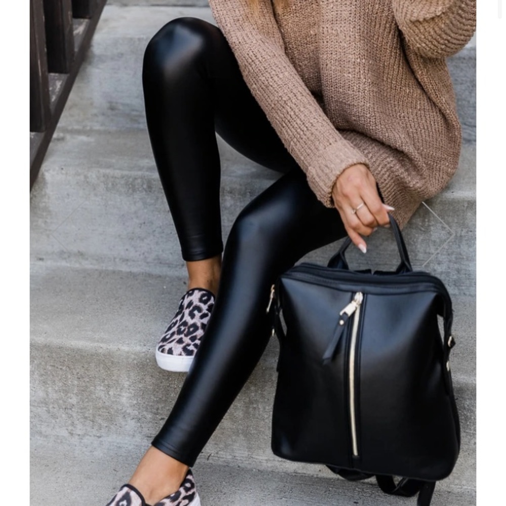Faux Leather Moto Black Pull On Tights Leggings Sz Large L - Picture 3 of 15